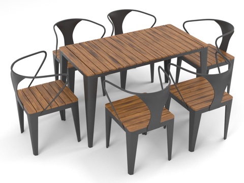  餐桌 户外桌椅 金属框架 实木桌面 现代风格3d模型 