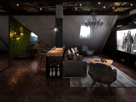  后现代现代后现代娱乐室 影音室 沙发茶几 投影3d模型 