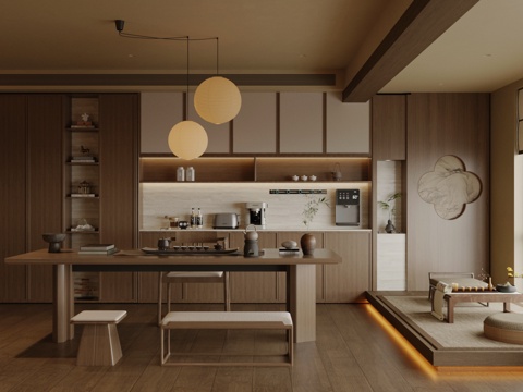 新中式禅意餐厅 实木餐桌椅组合 餐边柜 茶水柜 茶柜 茶叶柜su模型