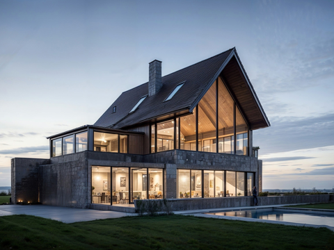 现代独栋别墅 双层 斜顶su模型