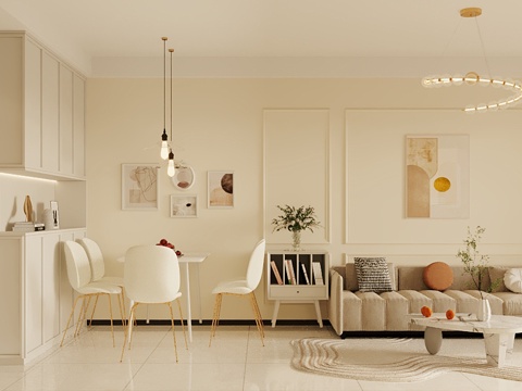  奶油轻法式客餐厅3d模型 