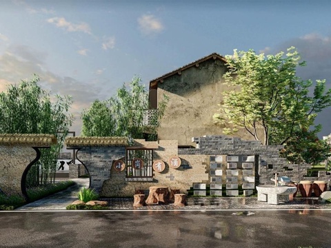 中式乡村景墙 直线 入口景墙su模型