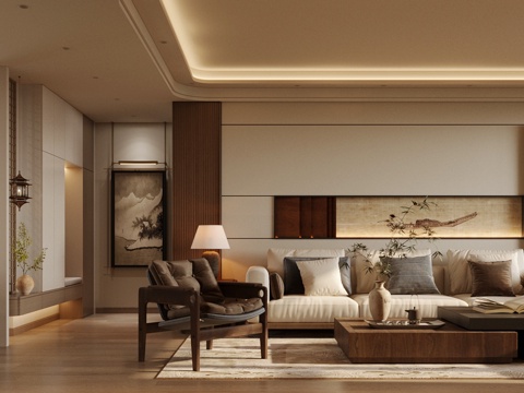 新中式禅意家居客厅 中式宋式客厅 宋式美学客餐厅 沙发茶几su模型