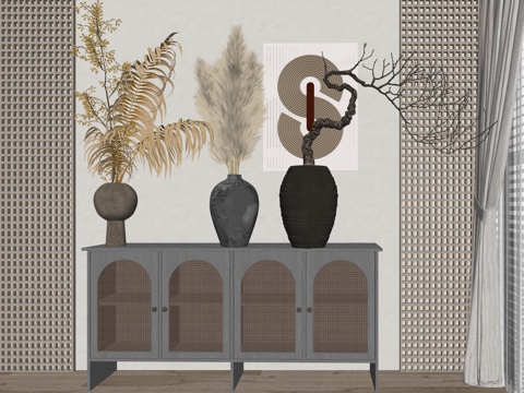 中古风花瓶植物装饰摆件su模型