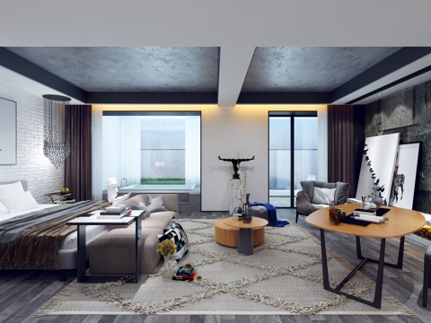  现代风格酒店客房   双人床 单人床 床 床头柜 吊灯 壁灯3d模型 