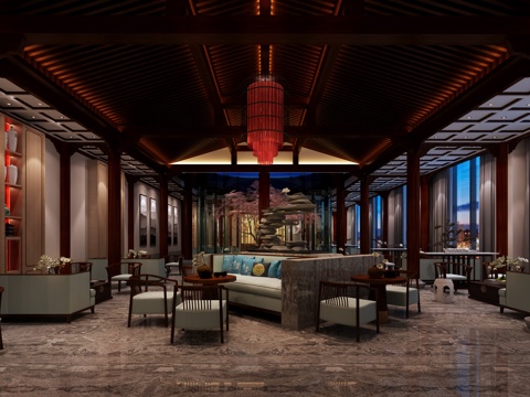  新中式 休闲接待区 大堂 中式会所3d模型 