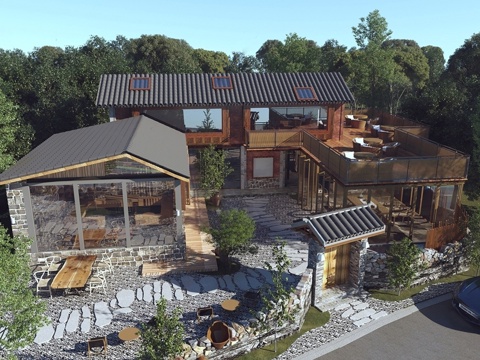 新中式民宿建筑 新中式民宿 户外自然景观su模型