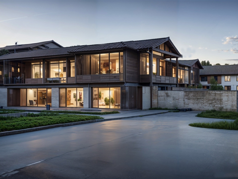 新中式民宿建筑 木制 斜顶su模型