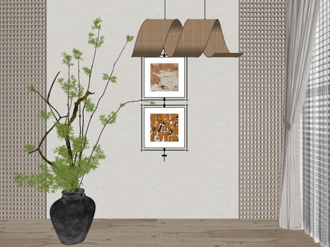 中古风花瓶植物装饰摆件su模型