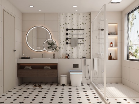  现代奶油卫生间 复古卫生间 干湿分区 简约卫生间3d模型 