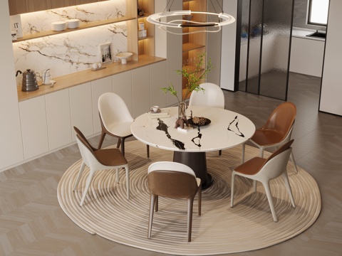 现代奶油风餐厅 餐桌椅 圆形餐桌 酒柜 餐边柜su模型