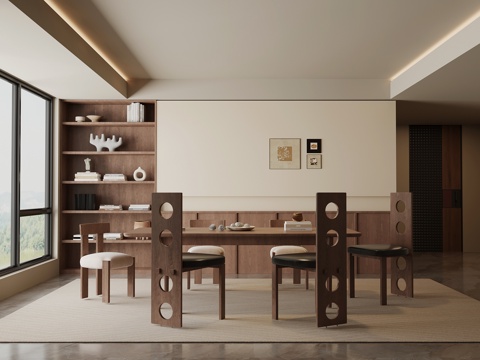 中古风餐厅 餐桌椅 背景墙su模型