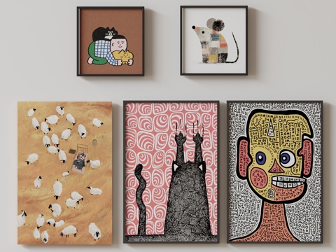 现代极简挂画 侘寂中古风挂画 奶油风装饰画 意式挂画 黑白灰su模型