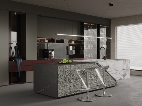 现代意式餐厅 酒柜 餐边柜 岛台 吧台su模型