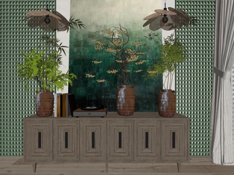 中古风花瓶植物装饰摆件su模型