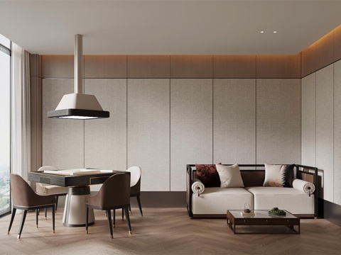 新中式棋牌室 麻将桌 沙发茶几su模型