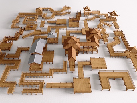 新中式景观木栈道 观景台 亭台水榭 中式栈道木桥 景观桥su模型