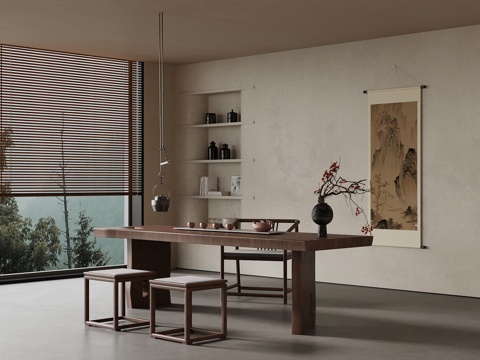 新中式茶室 茶桌椅 茶台 茶具su模型