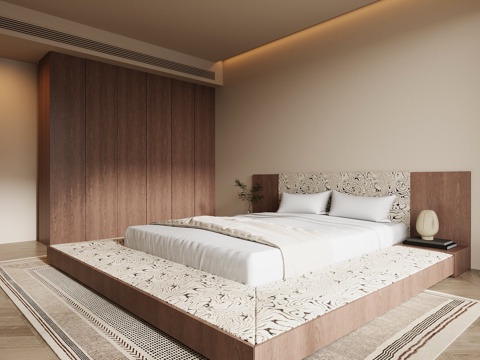 现代中古风卧室 双人床su模型