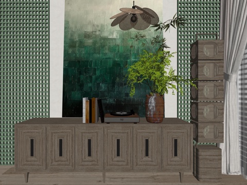 中古风花瓶植物装饰摆件su模型