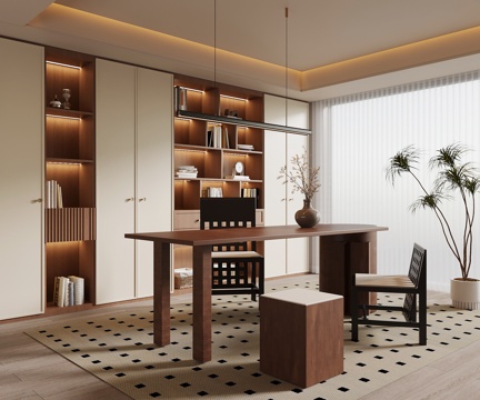 书房 中古风书房 书柜 书桌椅su模型