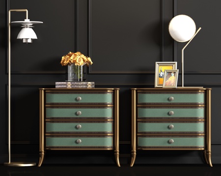  新中式金属皮革床头柜饰品组合3d模型 