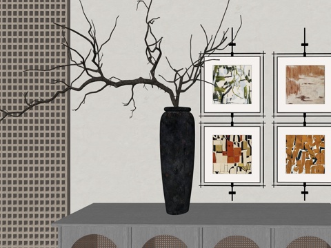 中古风花瓶植物装饰摆件su模型