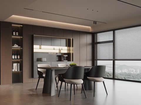 现代意式餐厅 酒柜 餐边柜 餐桌椅su模型