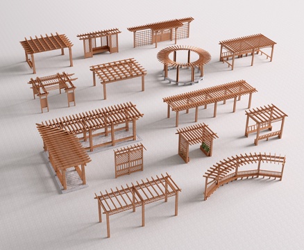 现代景观廊架 花架 葡萄架 长廊走廊 弧形廊架廊亭su模型