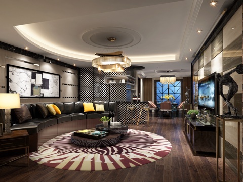  后现代 轻奢客厅 沙发 茶几 吊灯 餐桌电视柜 书柜3d模型 