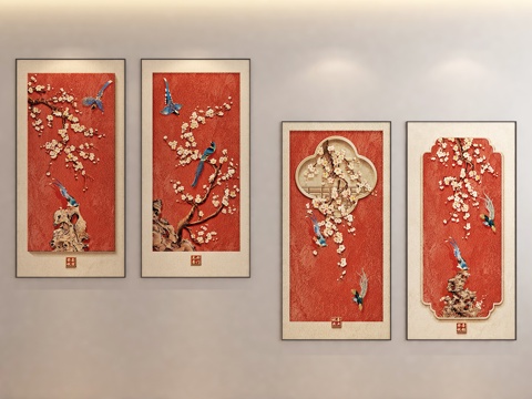 竖版组合画 中式组合画 玄关组合画su模型