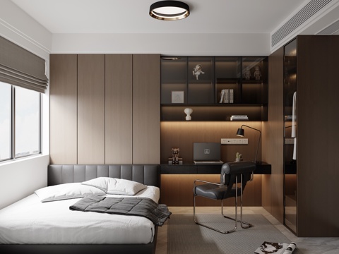 意式黑白灰榻榻米卧室书房su模型