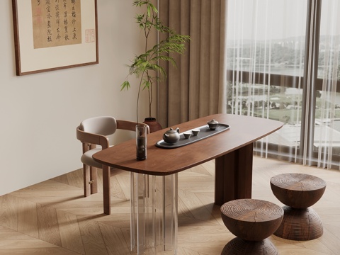 中古风茶桌椅 小茶台su模型