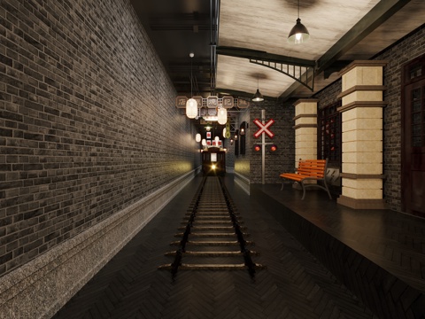  复古火车轨道火车站台3d模型 