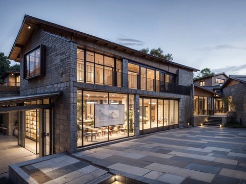 现代民宿建筑 斜顶 双层su模型