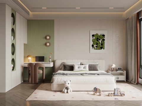 现代简约卧室 儿童房 双人床 床头柜 衣柜su模型