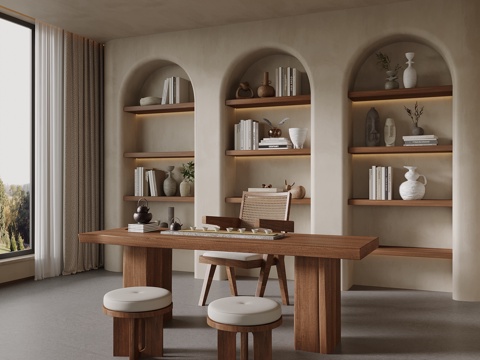 侘寂风茶室 茶叶柜 茶桌椅 茶台su模型