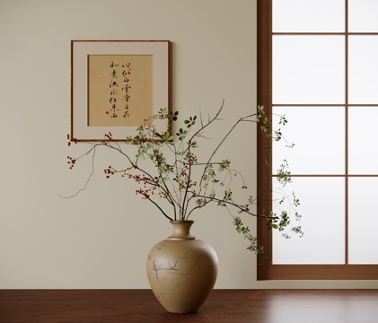 新中式花瓶花艺 挂画 插花花艺su模型