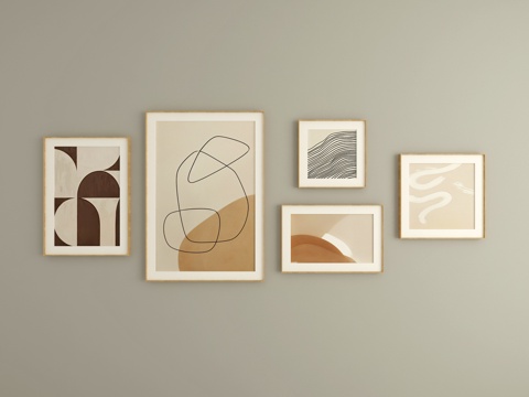 组合画 奶油风组合画 抽象组合画 沙发背景装饰画su模型