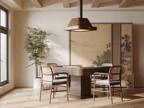 新中式棋牌室 麻将桌 娱乐室su模型