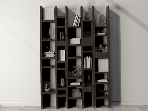  现代北欧新中式轻奢书架书柜盆栽摆件书籍绿植饰品3d模型 