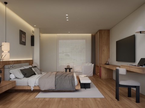 现代原木风卧室套房su模型