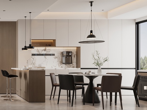  意式餐厅 吧台 开放式厨房 线管机 酒柜 吊灯 圆形餐桌3d模型 