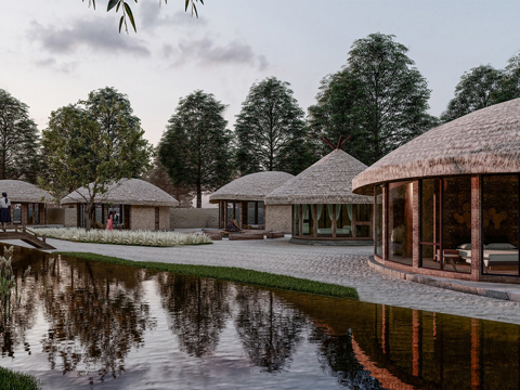 中式复古茅草民宿 木制 异形su模型