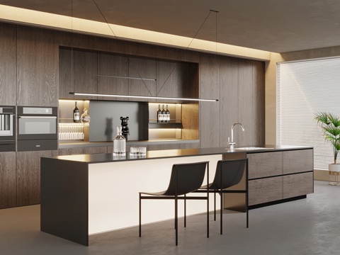  现代意式餐厅 岛台 吧台 餐桌椅3d模型 