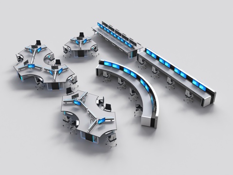 现代多人办公桌 三人炒作台 多人操作台 指挥席 观摩席 指挥su模型