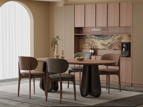  现代中古风餐厅 餐桌椅 酒柜3d模型 