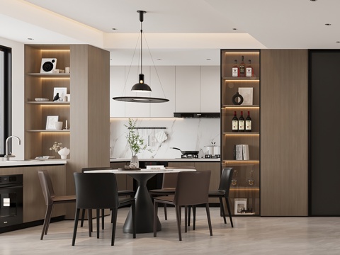  意式餐厅 酒柜 吊灯 圆形餐桌 黑白灰餐厅 现代餐厅 意式3d模型 