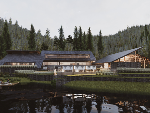 现代民宿建筑 木制 斜顶su模型