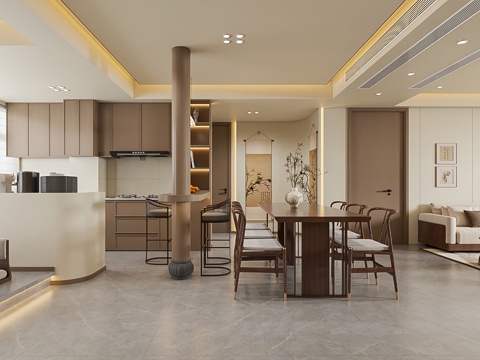  宋式餐厅 新中式餐厅 开放式厨房 吧台 中古风餐厅 西厨3d模型 